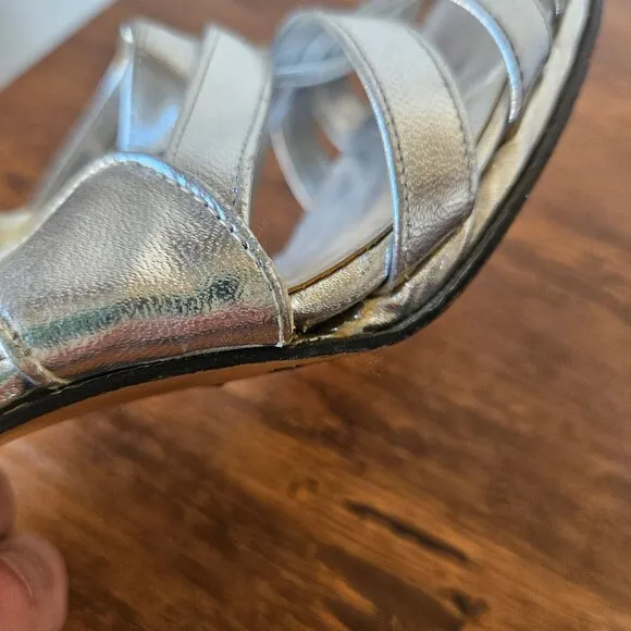 Vintage 70s Womens Silver Leather Strappy Sandals Heels Disco ABBA Size 6.5