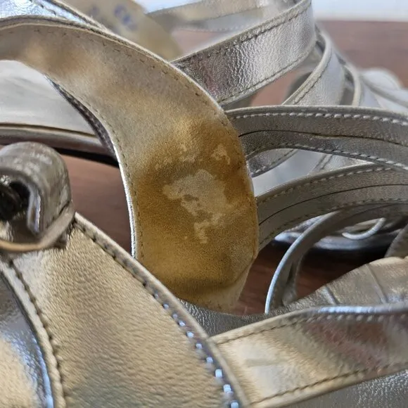Vintage 70s Womens Silver Leather Strappy Sandals Heels Disco ABBA Size 6.5