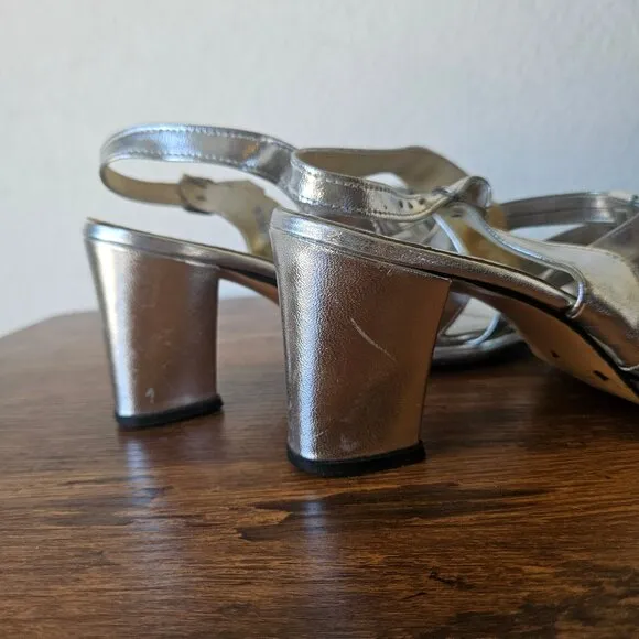 Vintage 70s Womens Silver Leather Strappy Sandals Heels Disco ABBA Size 6.5