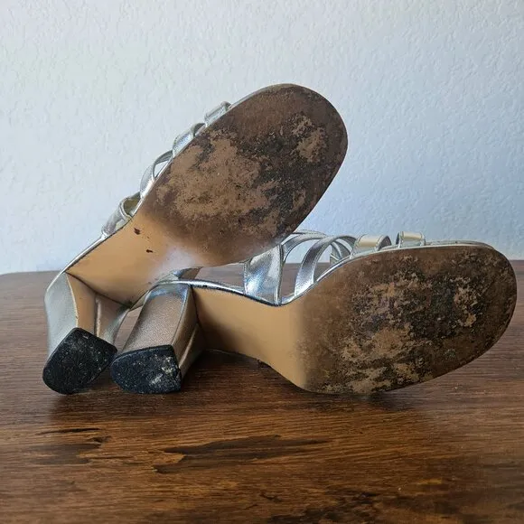 Vintage 70s Womens Silver Leather Strappy Sandals Heels Disco ABBA Size 6.5