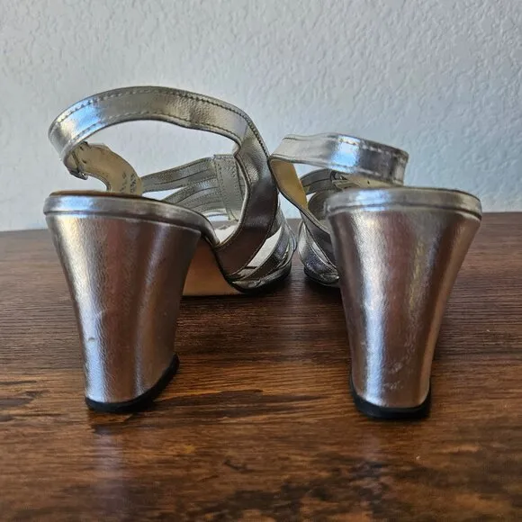 Vintage 70s Womens Silver Leather Strappy Sandals Heels Disco ABBA Size 6.5