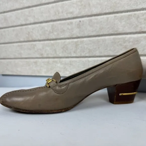 Vintage Gucci Malaga Taupe Leather Loafers Bridle Bit Stacked Block Heels 7.5