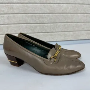 Vintage Gucci Malaga Taupe Leather Loafers Bridle Bit Stacked Block Heels 7.5