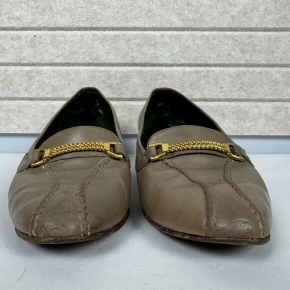 Vintage Gucci Malaga Taupe Leather Loafers Bridle Bit Stacked Block Heels 7.5