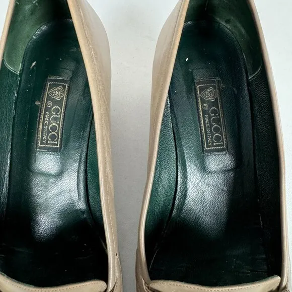 Vintage Gucci Malaga Taupe Leather Loafers Bridle Bit Stacked Block Heels 7.5