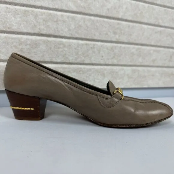 Vintage Gucci Malaga Taupe Leather Loafers Bridle Bit Stacked Block Heels 7.5