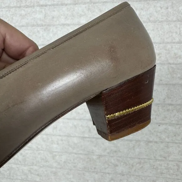 Vintage Gucci Malaga Taupe Leather Loafers Bridle Bit Stacked Block Heels 7.5