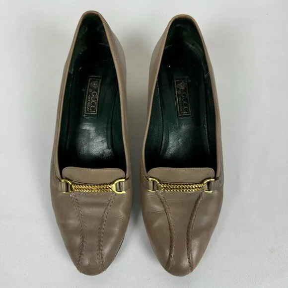 Vintage Gucci Malaga Taupe Leather Loafers Bridle Bit Stacked Block Heels 7.5