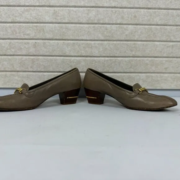 Vintage Gucci Malaga Taupe Leather Loafers Bridle Bit Stacked Block Heels 7.5
