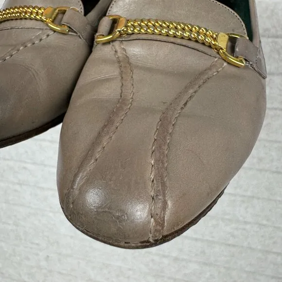 Vintage Gucci Malaga Taupe Leather Loafers Bridle Bit Stacked Block Heels 7.5