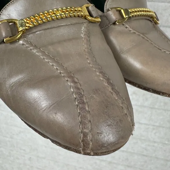 Vintage Gucci Malaga Taupe Leather Loafers Bridle Bit Stacked Block Heels 7.5