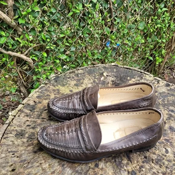 Vintage Men Dark Brown Woven Loafers Size 7.5M/Men Brown Shoes/Leather Slip On