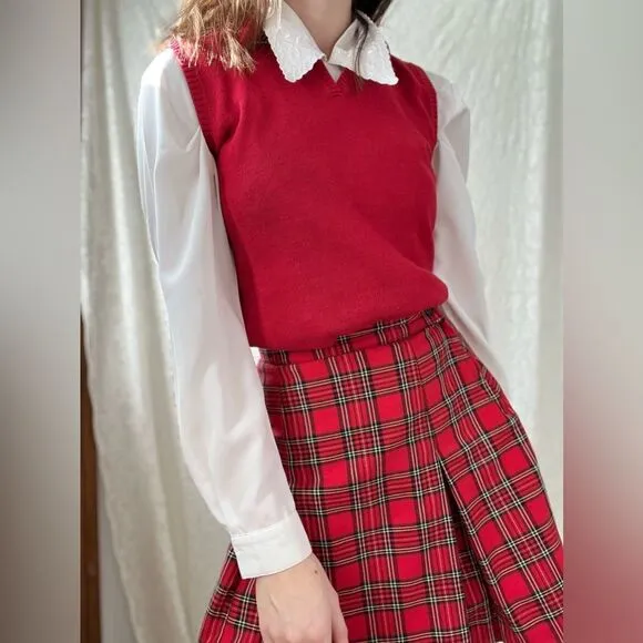 Vintage Paris Sport Club Red Plaid Pleated Skirt