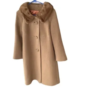 Vintage Women’s Brown Tan Beige Fur Collar Pea Coat