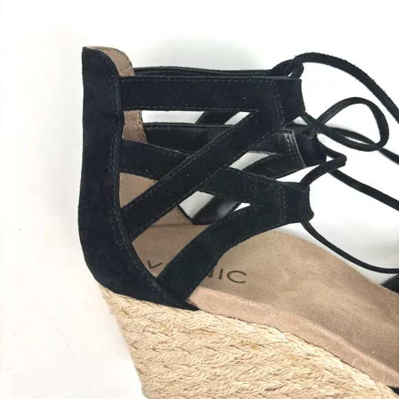 Vionic Aruba Calypso Lace Up Tied Suede Black Wedge Espadrilles Size 8