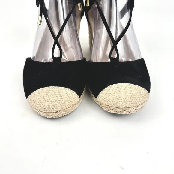 Vionic Aruba Calypso Lace Up Tied Suede Black Wedge Espadrilles Size 8