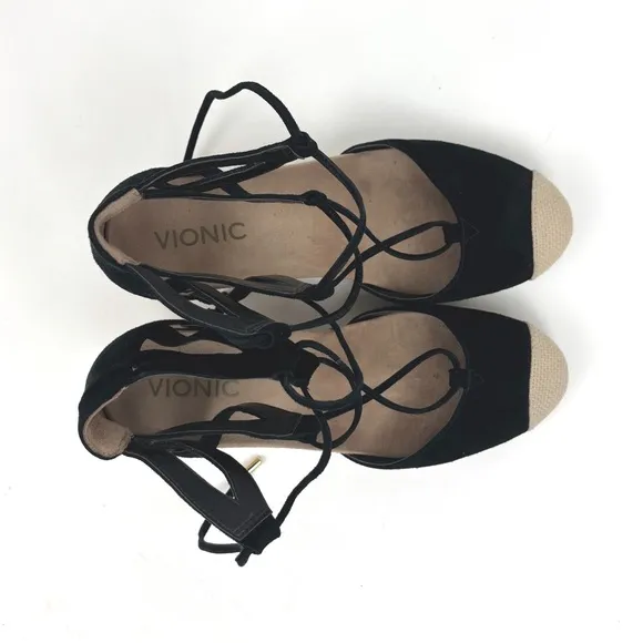 Vionic Aruba Calypso Lace Up Tied Suede Black Wedge Espadrilles Size 8