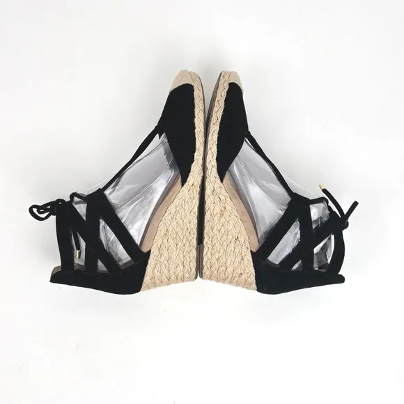 Vionic Aruba Calypso Lace Up Tied Suede Black Wedge Espadrilles Size 8
