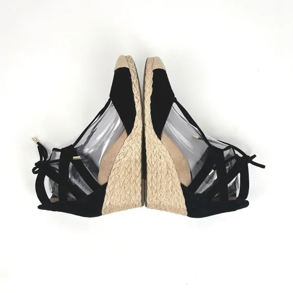 Vionic Aruba Calypso Lace Up Tied Suede Black Wedge Espadrilles Size 8