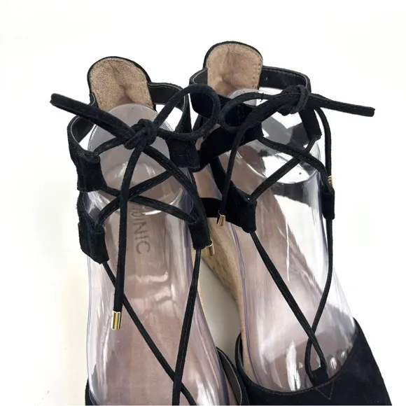 Vionic Aruba Calypso Lace Up Tied Suede Black Wedge Espadrilles Size 8