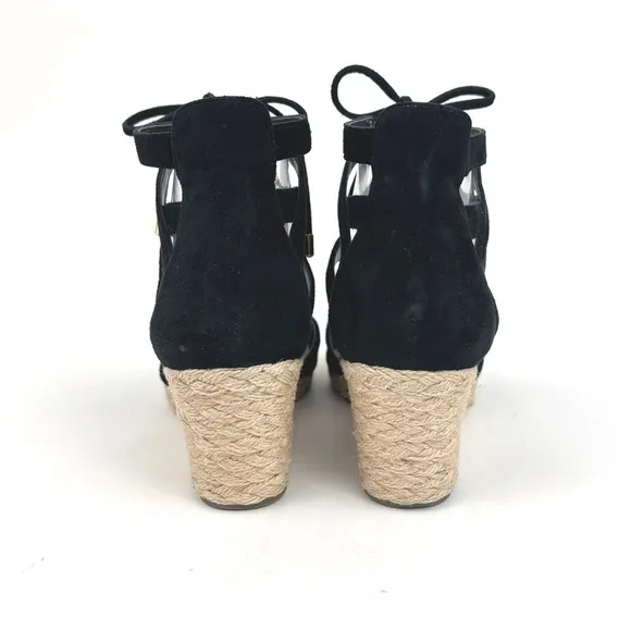 Vionic Aruba Calypso Lace Up Tied Suede Black Wedge Espadrilles Size 8