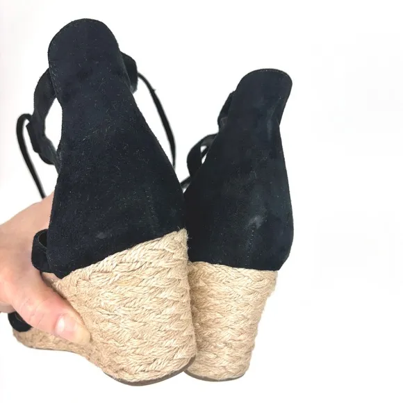Vionic Aruba Calypso Lace Up Tied Suede Black Wedge Espadrilles Size 8
