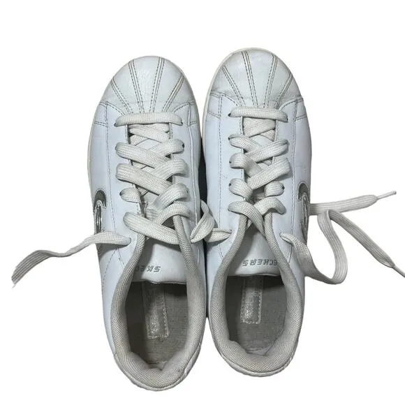 Vtg Skechers White Sneakers 10 Leather Silver Logo Y2k 1990s Shoes WSL Lace up