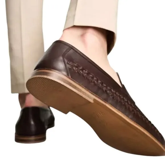 Walk London Men's Arrow Penny Woven Loafers Cow Swiss Brown Leather Size 8