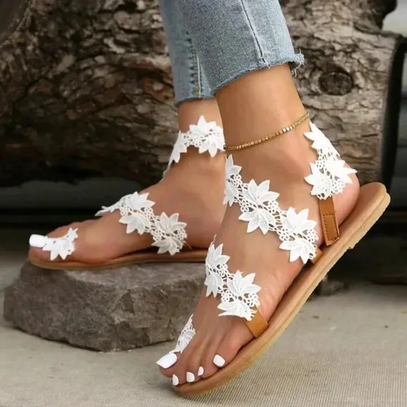 Women Appliques Decor Slingback Thong Sandals, Fashion Summer Flat Sandals