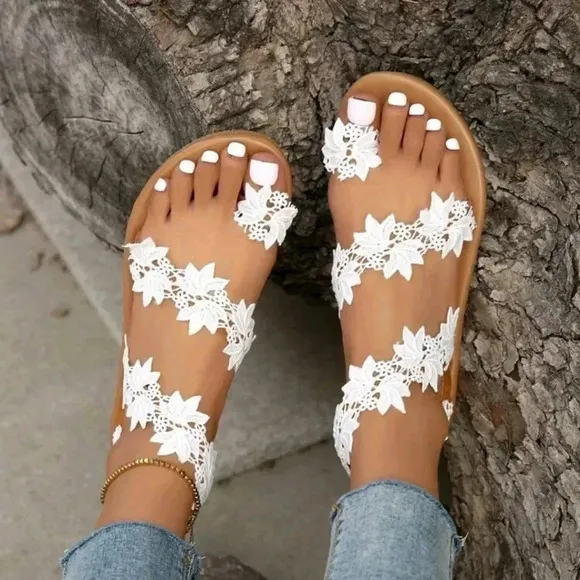 Women Appliques Decor Slingback Thong Sandals, Fashion Summer Flat Sandals