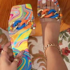 Women Chain Decor Clear Strap Slide Sandals, Fashion Summer Flat Sandals