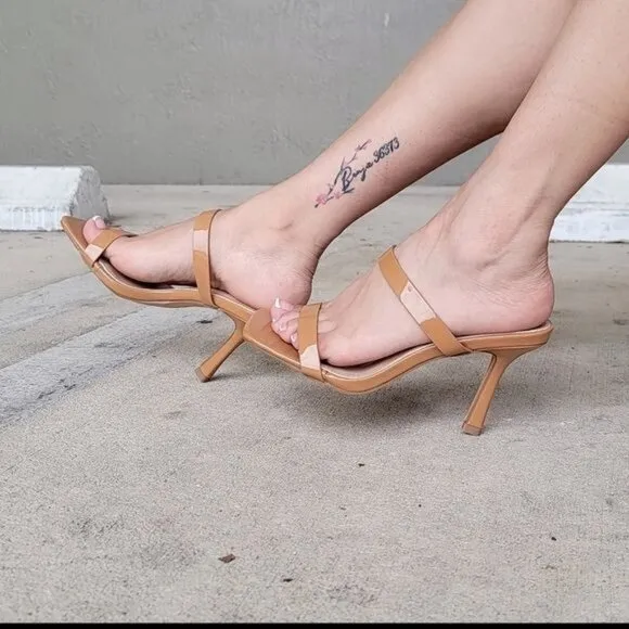 Women Tan Double Strap‎ Mule Heels Sandals