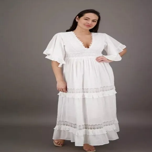 Women's Boho Lace Summer V Neck Floral Embroidery Beach Bell Sleeves Long Dress