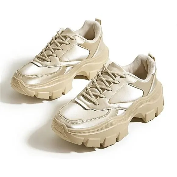 Women's Chunky Platform Hologram Casual Lace-Up Walking Sneakers