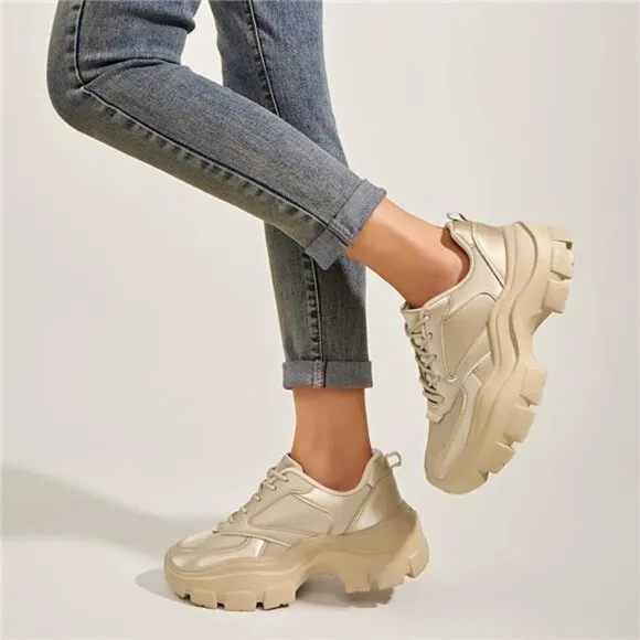 Women's Chunky Platform Hologram Casual Lace-Up Walking Sneakers
