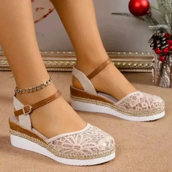 Women's Lace Breathable Mesh Bohemian Straw Woven Fairy Style Peep Toe Wedges