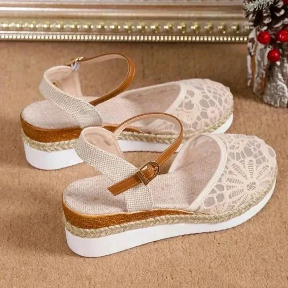 Women's Lace Breathable Mesh Bohemian Straw Woven Fairy Style Peep Toe Wedges