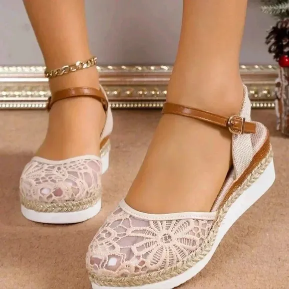 Women's Lace Breathable Mesh Bohemian Straw Woven Fairy Style Peep Toe Wedges