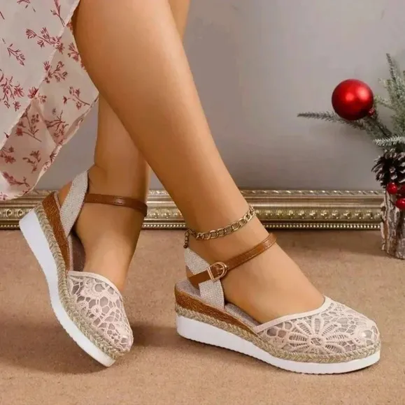 Women's Lace Breathable Mesh Bohemian Straw Woven Fairy Style Peep Toe Wedges