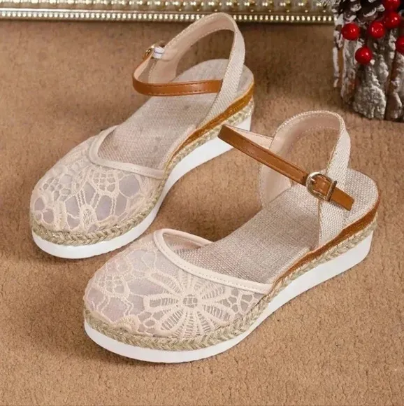 Women's Lace Breathable Mesh Bohemian Straw Woven Fairy Style Peep Toe Wedges