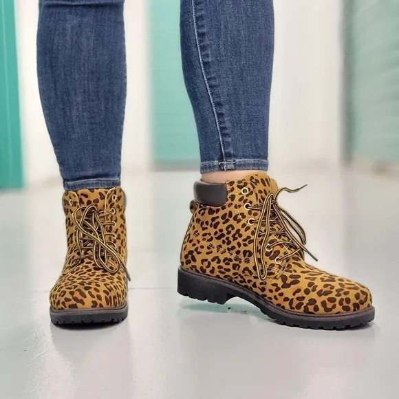 Women's Leopard Combat Lace-up Ankle Boots Low Heel