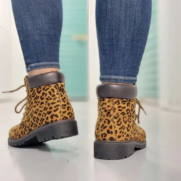 Women's Leopard Combat Lace-up Ankle Boots Low Heel