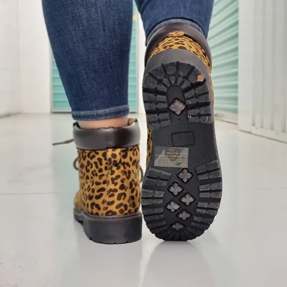 Women's Leopard Combat Lace-up Ankle Boots Low Heel