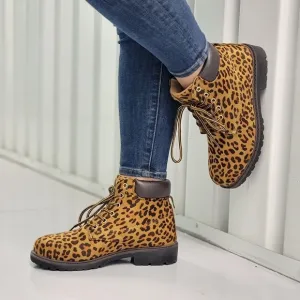 Women's Leopard Combat Lace-up Ankle Boots Low Heel