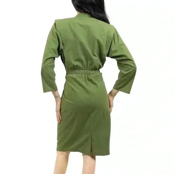 Women’s Military Green Pencil Dress Size Small Slim Fit Trendy Office Chic Fall‎