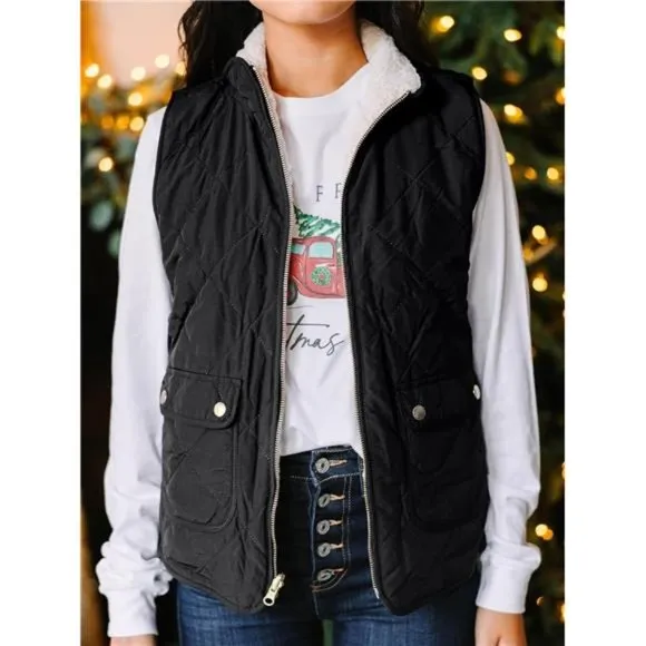 Women's Reversible Sherpa Vest Quilted Zip Fleece Padded Gilet with Pockets