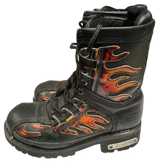 Xelement Moto Boots Women Size 6.5 Black With Flames Leather Chunky Insulated