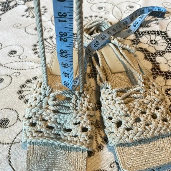 Zara Flat Cream Crochet Jute Ankle Tie Square Toe Sandals 1649/810/111