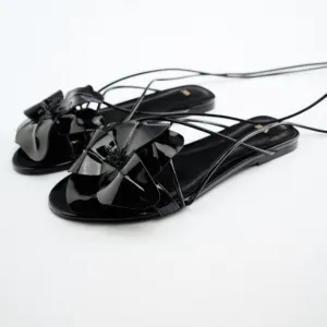 Zara maxi flower lace up patent leather flat sandals