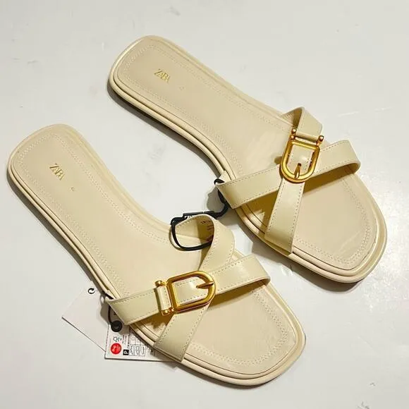 Zara Off White / Cream FLAT LEATHER SANDAL WITH BUCKLE Size 9 US